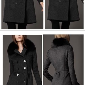BURBERRY. Great condition. USA 6. Black pea coat with fox fur collar.